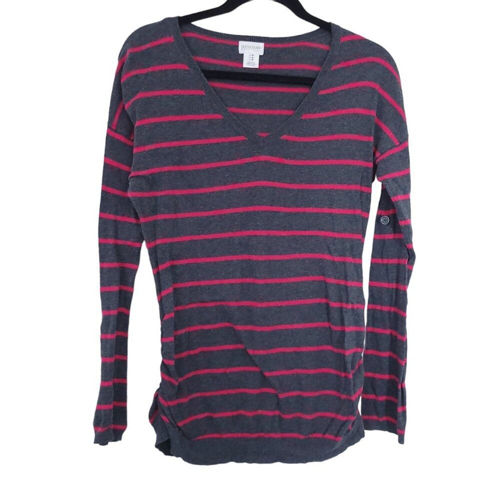 Motherhood Maternity Stripe Sweater Medium Gray, Pink Top Vneck Sweater
